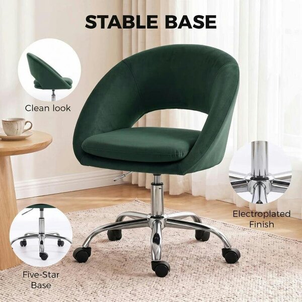 Velvet Desk Chair, Modern Office Chair with Height-Adjustable, Wheels, for Home Study Bedroom, Dark Green