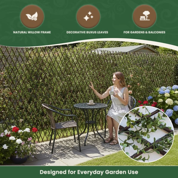 Expanding Willow Garden Trellis with Buxus Leaves, 2m x 1m Extendable Privacy Screen Panel, Decorative Greenery Fence Cover