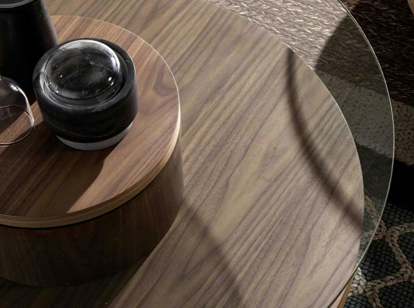 Angel Cerdá Round Tempered Glass and Walnut Coffee Table 2052