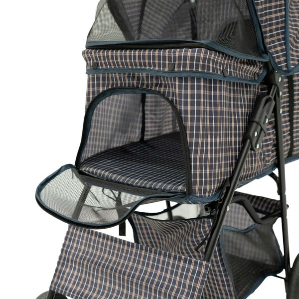 Monstershop Pet Stroller with Rain Cover & Caddy Bag - Blue Tartan