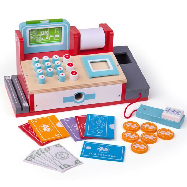 Bigjigs Toys Wooden Shop Till With Scanner Complete With Cash, Card, Till Roll & More