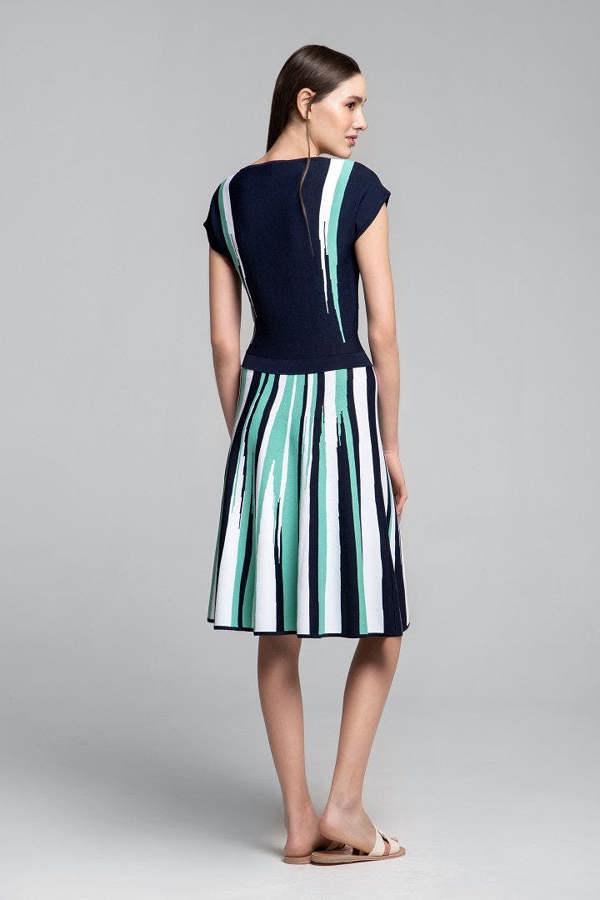 Rumour London Iris striped knitted fit and flare dress in navy and turquoise