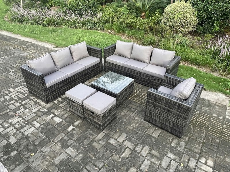 Fimous 9-Seater Rattan Garden Sofa Set - Dark Grey Mixed Outdoor Lounge Set with Armchair, Square Coffee Table & 2 Small Footstools
