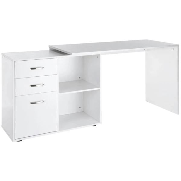 White L-shaped desk with three drawers on the left and open shelving compartments.