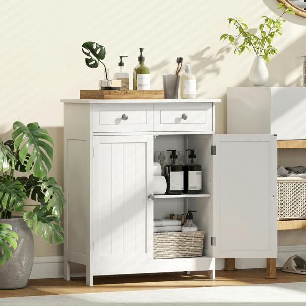 kleankin Bathroom Floor Storage Cabinet w/ 2 Drawers Door Cupboard Grey White - White