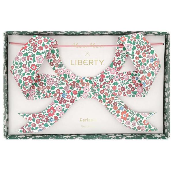 Premium festive bow garland showcasing an intricate multicoloured floral print inside an elegant green patterned presentation gift box.