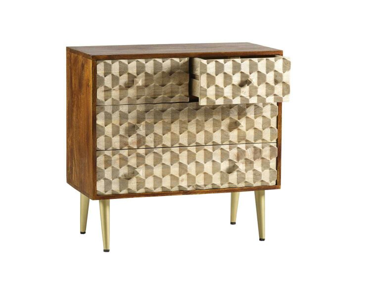 Wyld Haus Beijing Mango Wood Chest with 4 Drawers Gold Geometric Pattern