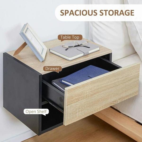 Floating bedside table with oak-tone drawer front and dark open shelf storage