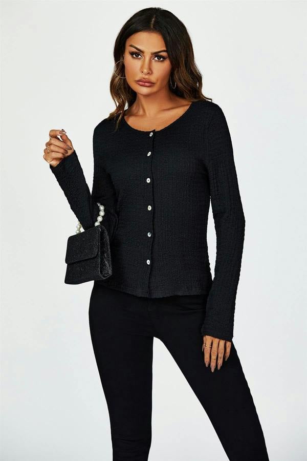 FS Collection Button Down Ruched Stretch Long Sleeves Top In Black
