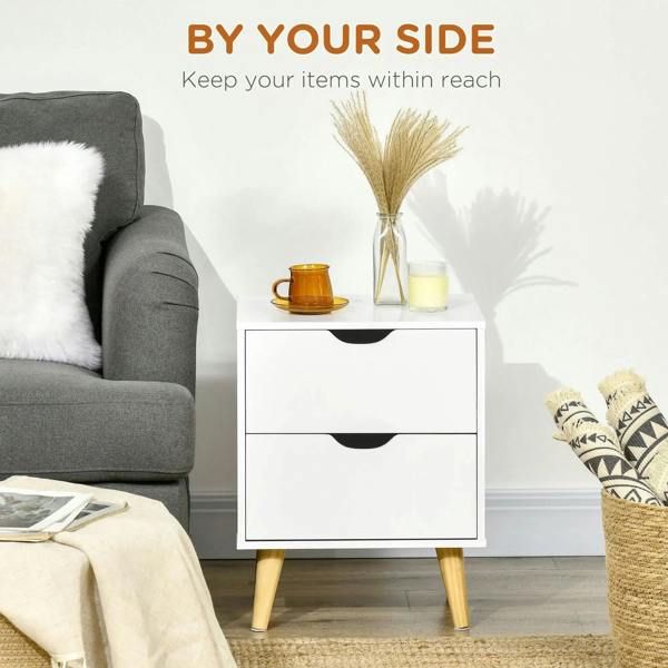 White bedside table with two drawers and curved cut-out handles, pine legs