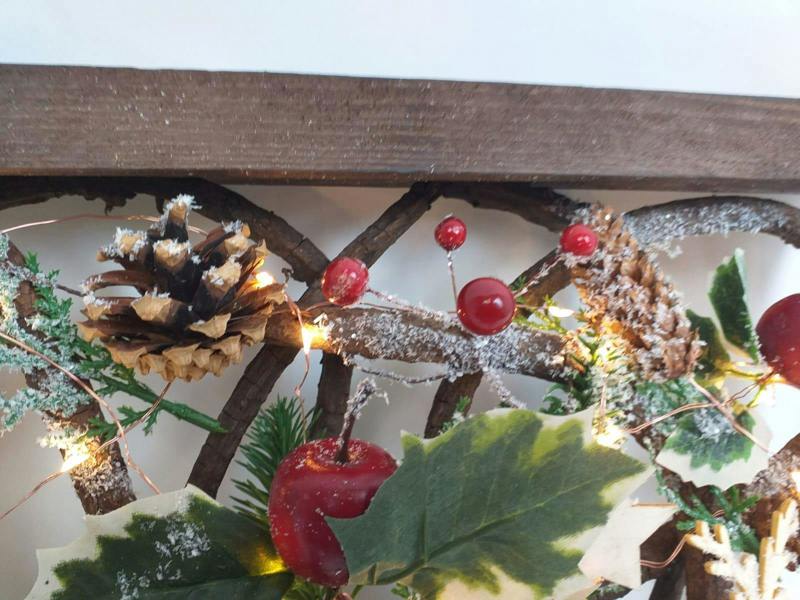 Prelit Wooden Square Frame Tabletop Decorations Xmas with Leaves Pine Cones Berries 3D Nordic Scene,30cm image 2