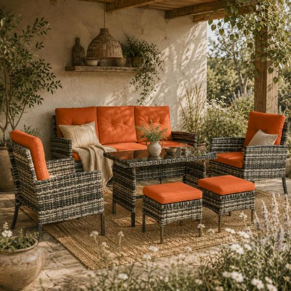 Wyld Haus Lodori Grey Rattan 7 Seater Outdoor Dining Set with Orange Cushions And Table