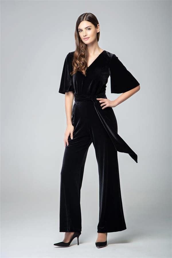 Rumour London Layla velvet jumpsuit with bell sleeves and sash in black