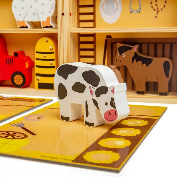 Bigjigs Toys Wooden Farm Play Box With 5 Farm Animals & 2 Fold-Out Play Mats