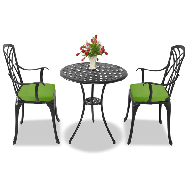 Centurion Supports OSHOWA Luxurious Garden and Patio Table and 2 Large Chairs with Armrests Cast Aluminium Bistro Set - Black with Green Cushions
