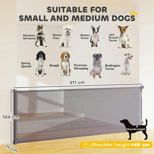 Retractable Dog Gate, Extends to 300 cm Wide & 104 cm Tall, Mesh Pet Gate Single Hand Operation, for Stairs Doorways