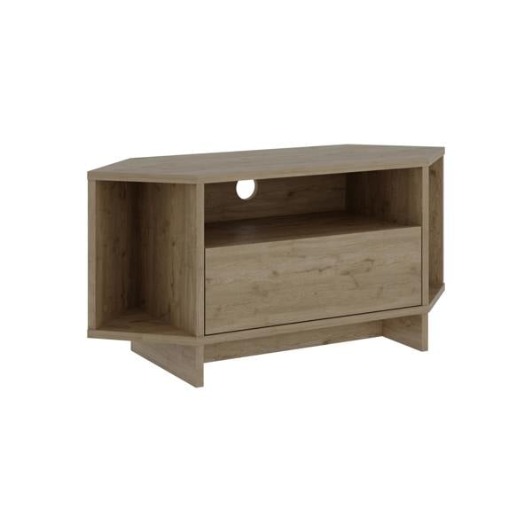 Decortie Modern Viva Corner TV Unit Shelf up to 36 Inch TVs Push to Open Storage Cabinet, 3 Open Shelf Media Centre 95.7(W)cm