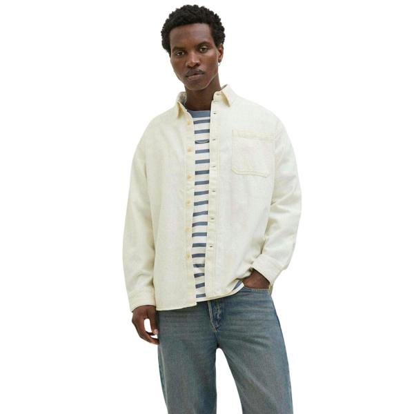 Jack And Jones Mens Plain Denim Collared Long-Sleeved Shirt - Ecru - 