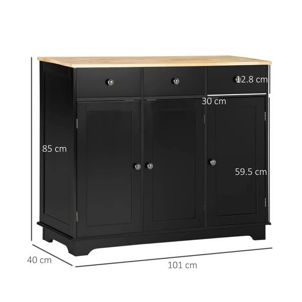 Black sideboard cabinet with light wood top and three paneled doors with metal knobs