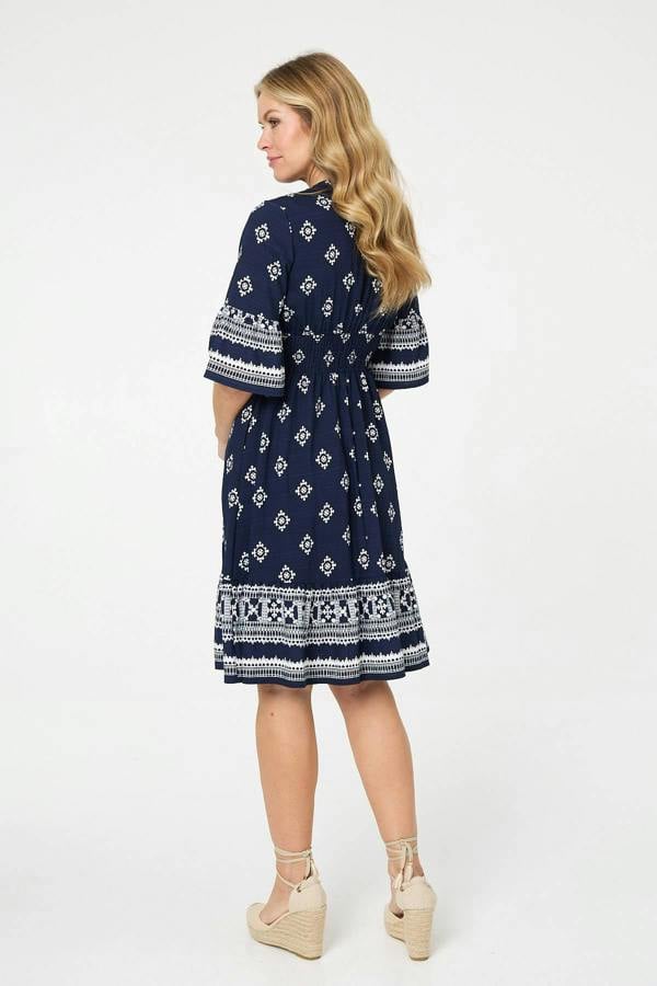 Navy | Border Print V-Neck Knee Length Dress
