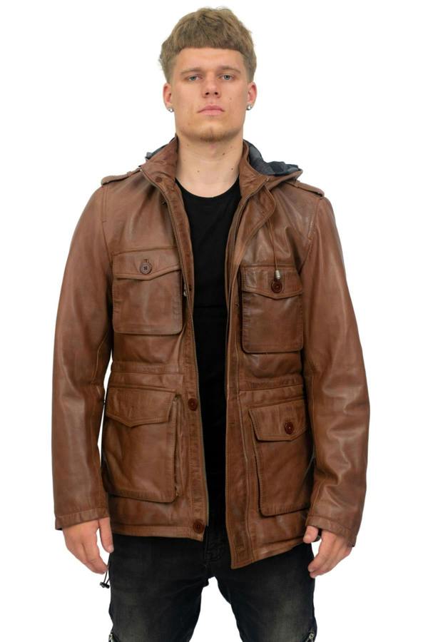 Infinity Leather Mens Leather Hooded Trench Coat-Medellin