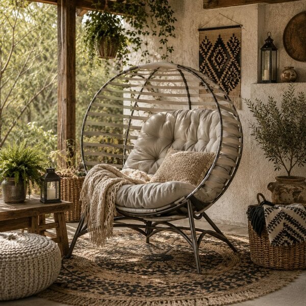 Wyld Haus Lenika Oversized Rattan Light Grey Egg Chair With Cushion And Side Storage Pocket