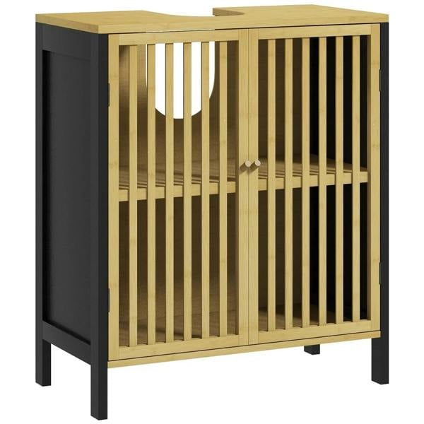 Bamboo-blend under sink cabinet with slatted door and cut-out top, natural wood and black legs