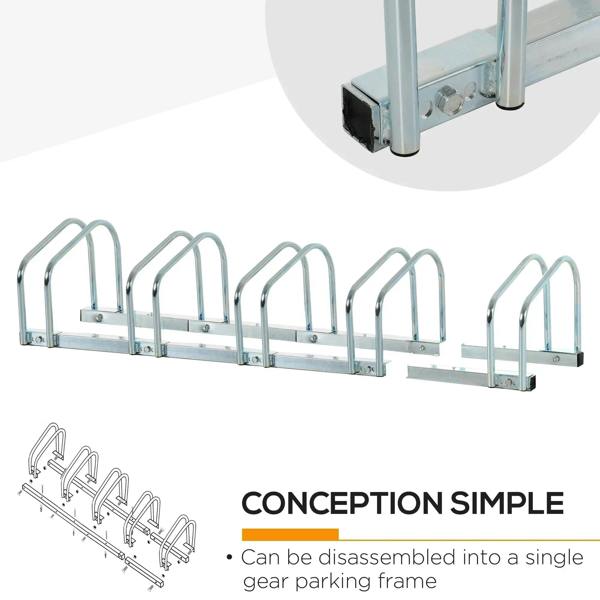 Silver bike parking rack base with feet and five U-shaped holders