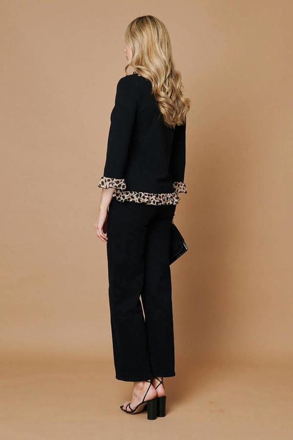 Black | Animal Print Frill Trim 3/4 Sleeve Top