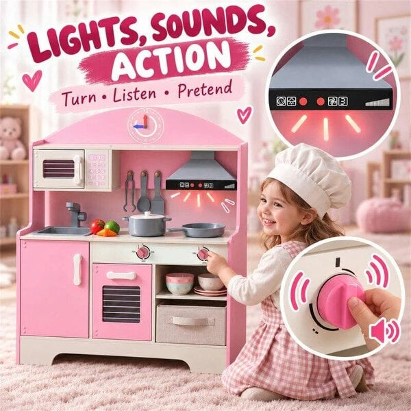 Bobobiy Kids Play Kitchen with Lights & Sounds, Pretend Play Toy set with Fabric Drawer, 5-Piece Accessories for 3-6 Years, Pink