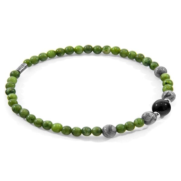 Anchor & Crew Green Jade, Grey Jasper and Black Onyx Frederick Silver and Stone SKINNY Bracelet