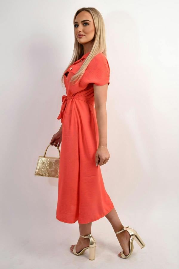 Annie Collared Button Down Short Sleeve Tie Waist Midi Dress - Coral