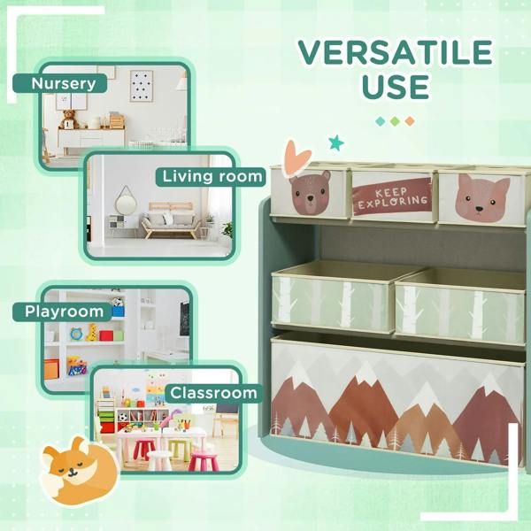 Green kids storage unit shown for nursery, playroom, and classroom use with six fabric bins