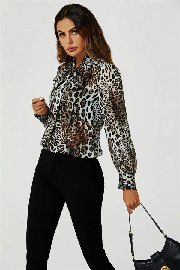 FS Collection Tie Detail long sleeve Blouse Top In Beige