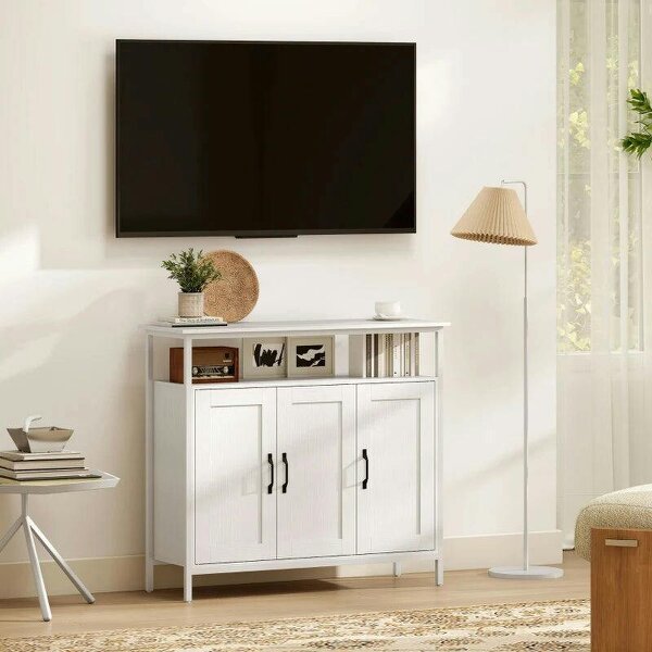 Industrial Kitchen Sideboard with Open Shelf, 2 Cabinets, Adjustable Shelves for Living Room, Dining Room, White