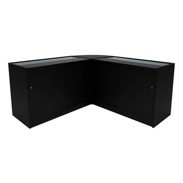 Black Iris LED shop counter set featuring a sleek corner design with glass display tops and storage cabinets for retail use
