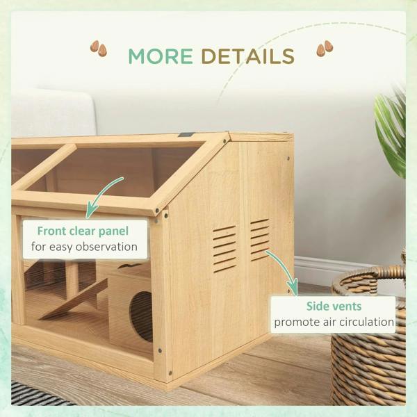 Wooden hamster cage front clear panel and side vent openings for airflow.