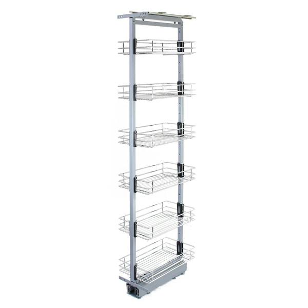 KuKoo pull-out soft close kitchen larder in silver, featuring six wire baskets for organized storage, adjustable height 170-195cm
