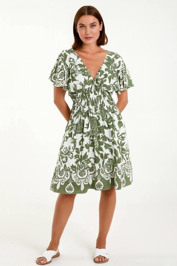 Hoxton Gal Oversized Floral V-Neck Boho Style Smocked Mini Dress