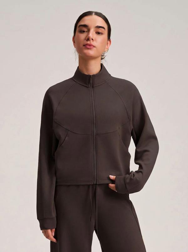 Anniou Cropped Stand Collar Athletic Jacket - Coffee