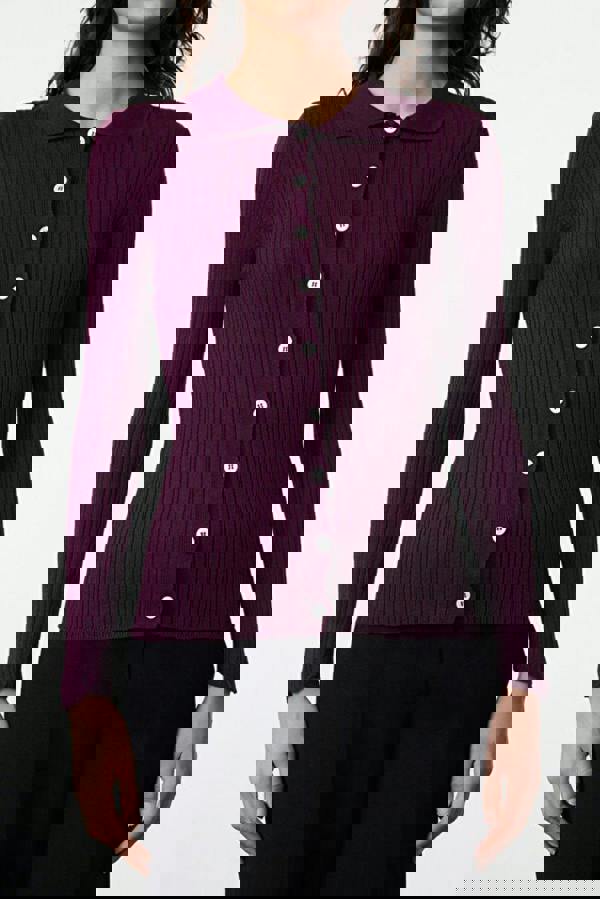 WOVCOR Mercerized Look Ribbed Polo Neck Knit Cardigan