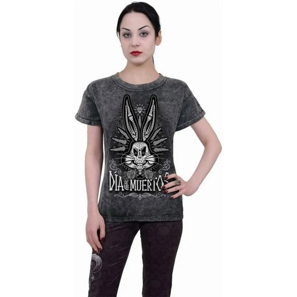 Looney Tunes Womens Muertos Bugs Bunny Turn Up T-Shirt - Black