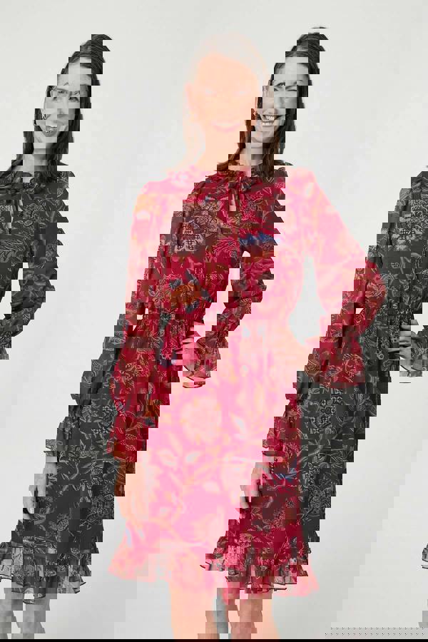 Red | Printed Frill Trim Knee Length Dress