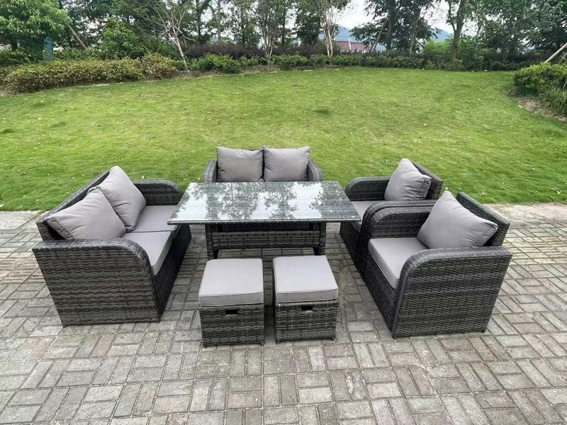 Fimous 8 Seater Dark Grey PE Wicker Rattan Garden Furniture Set Reclining Chair 2 Seater Love Sofa Set Outdoor Rectangular Dining Table 2 Stools