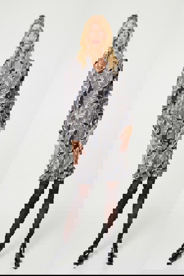 Beige | Abstract Ruffled Tie Waist Knee Length Dress
