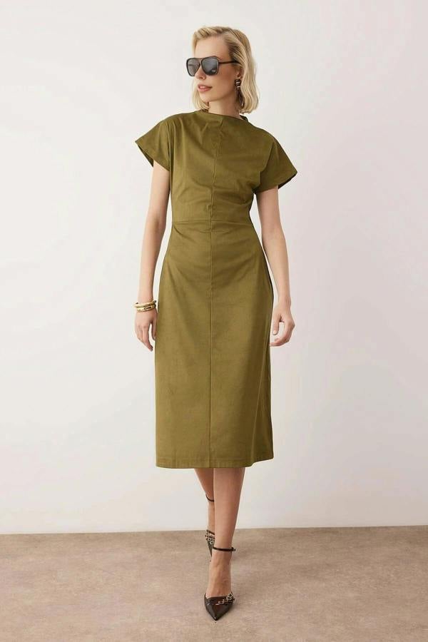 WOVCOR Gathered Midi A-Line Suede Knit Dress