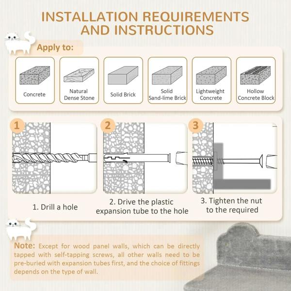 Mounting instruction diagram for a grey wall-mounted cat tree with hardware