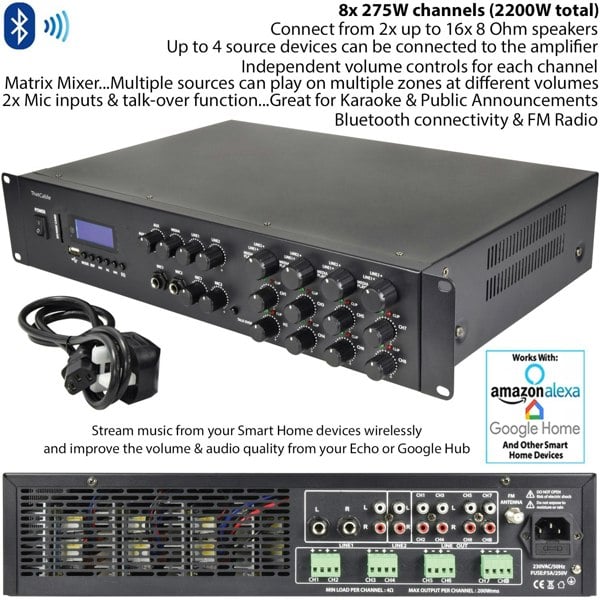 2200W Bluetooth Sound System & 8x 140W In Wall Speakers - 8 Zone Multi Room Amp