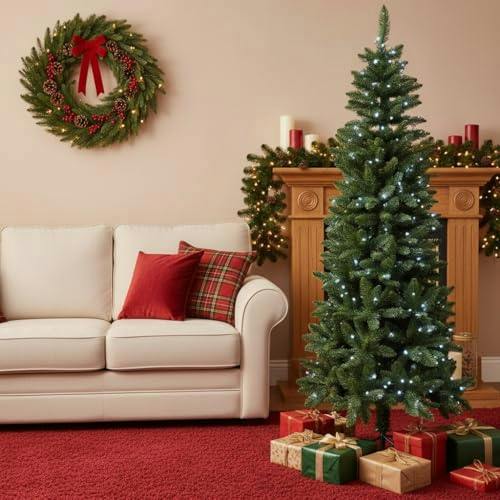 4ft to 8ft Slim Pre-Lit Green Christmas Trees with Cool White LEDs and Metal Base image 4