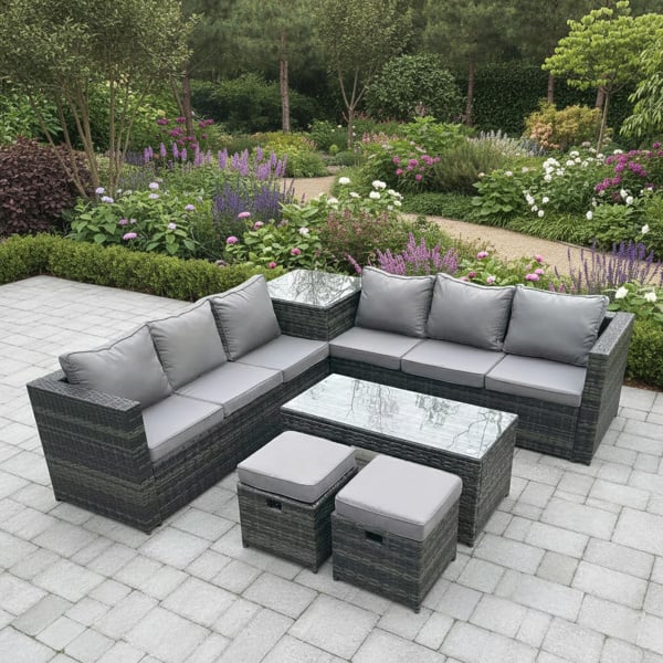 Fimous 8 Seater Rattan Corner Sofa Set with Square Side Table, Coffee Table & 2 Stools - Dark Grey